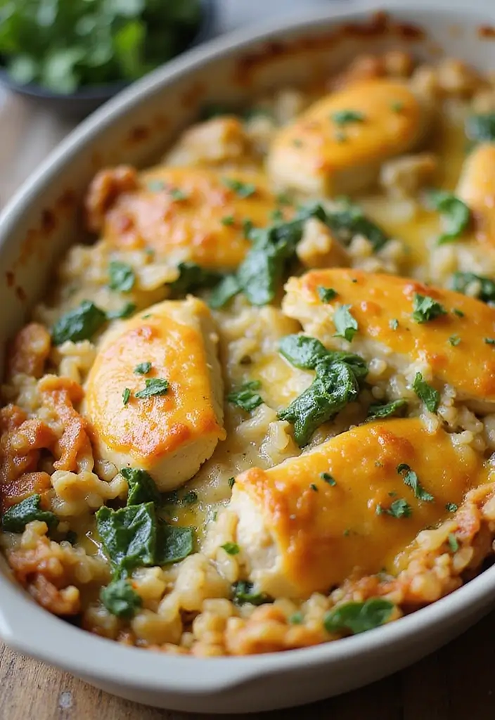 30 Rotisserie Chicken and Rice Recipes That Are Fast & Filling - 29. Chicken and Rice Bake with Spinach