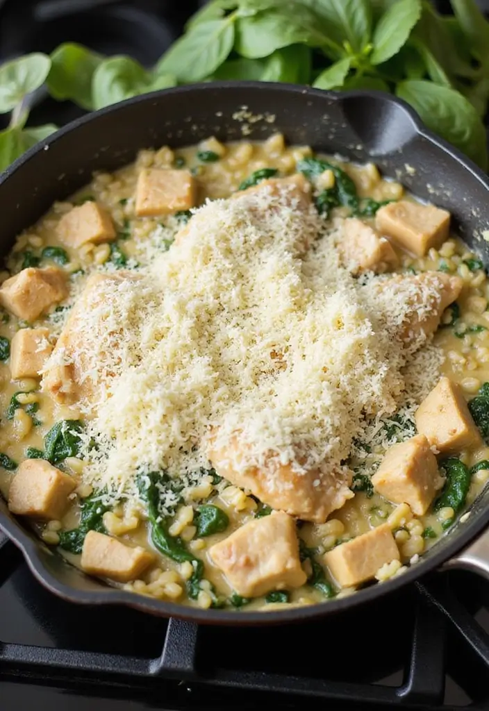 30 Rotisserie Chicken and Rice Recipes That Are Fast & Filling - 3. Creamy Chicken and Spinach Rice Skillet